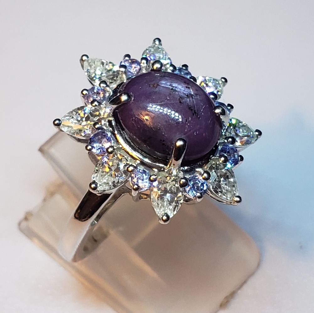 Rare Indian Star Ruby, Moissanite &TanzaniteStar Burst Ring - Picture 3 of 10